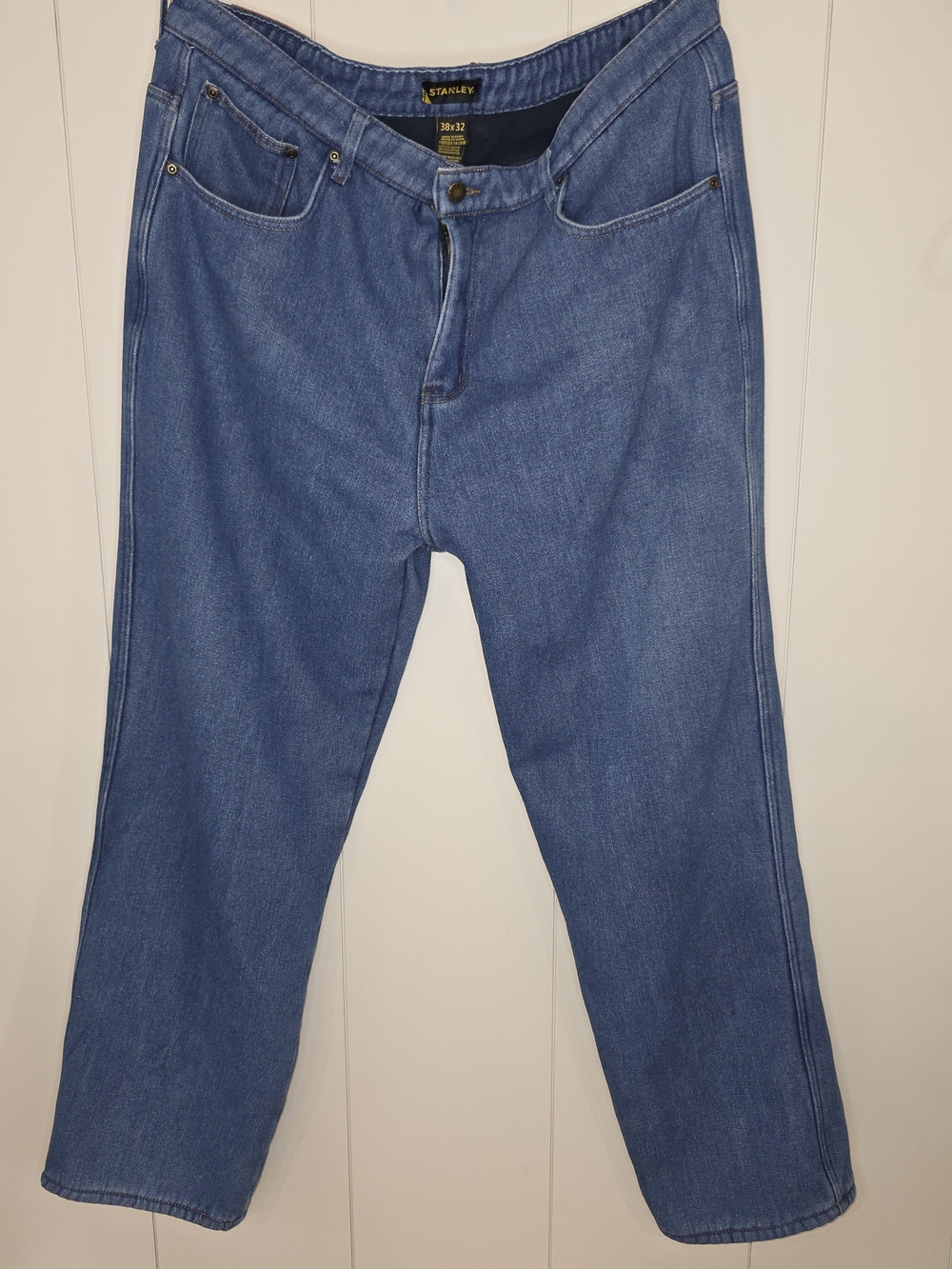 Stanley Mens Relaxed-Fit Medium Blue Denim Jeans Sz 38x32 Fleece Lined Workwear